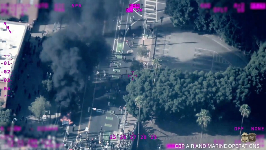 Still image grab from DHS video posted online labelled "DHS drone video" appears to show images captured by an unmanned drone flown over protests and unrest in Downtown Los Angeles.